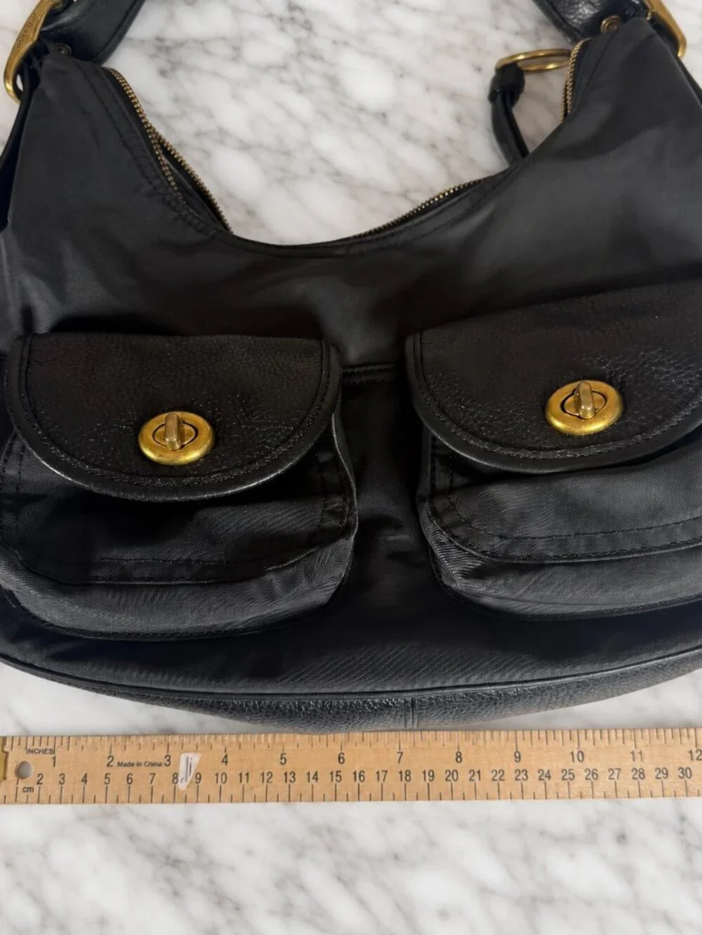 Coach Cargo Hobo Bag Black Nylon Pebble Leather Floral Rose Lining 3171